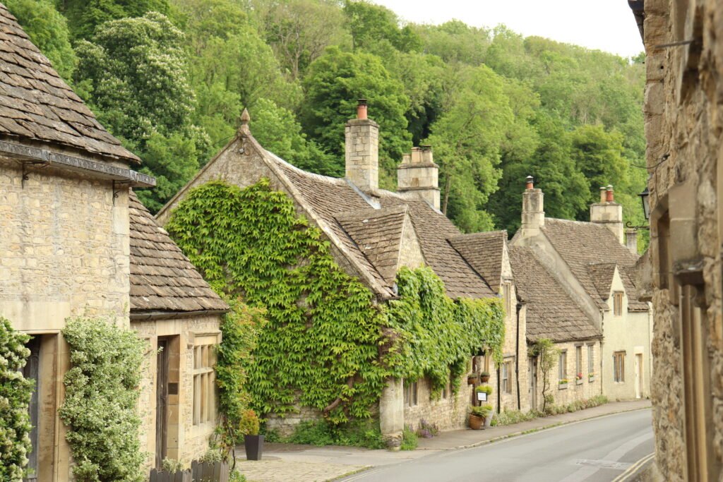 Honey colored stone cottages with steep tiled roofs and tall chimneys lining a quiet Cotswolds village street. Green ivy covers the front of one cottage with a densely wooded hillside rising behind the houses.