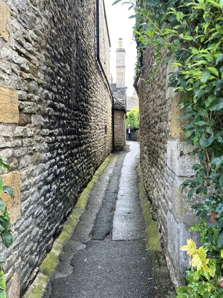 Very narrow pedestrian passage between tall weathered stone walls with leafy vines growing along one side. The wet pathway leads toward more stone buildings and a person in the distance.